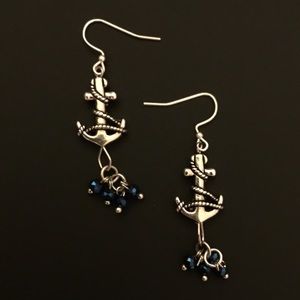Silver & Blue Crystal Anchor Dangle Earrings